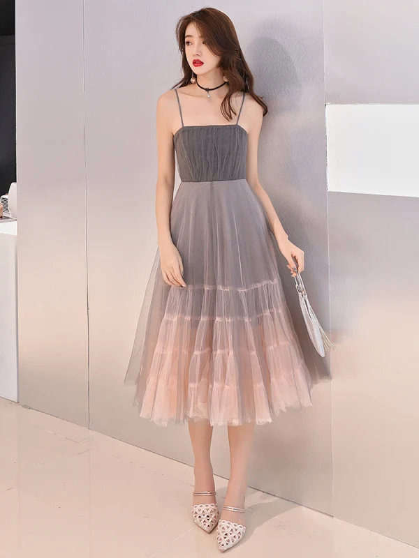 Modest / Simple Grey Gradient-Color Homecoming Graduation Dresses 2019 A-Line / Princess Spaghetti Straps Sleeveless Tea-length Ruffle Backless Formal Dresses