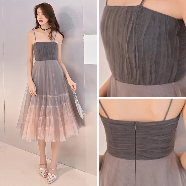 Modest / Simple Grey Gradient-Color Homecoming Graduation Dresses 2019 A-Line / Princess Spaghetti Straps Sleeveless Tea-length Ruffle Backless Formal Dresses