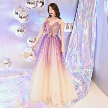 Elegant Lilac Gradient Color Evening Dresses 2019 A Line Princess V Neck Spaghetti Straps Sleeveless Beading Floor Length Long Ruffle Backless Formal Dresses