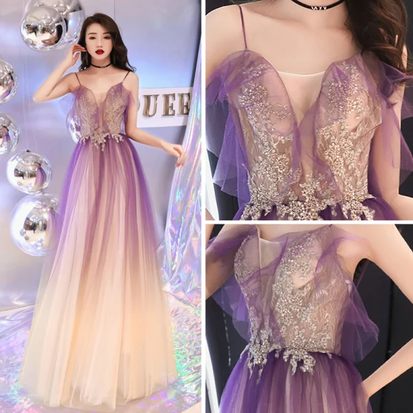 Elegante Lila Farbverlauf Abendkleider 2019 A Linie V-Ausschnitt Spaghettiträger Ärmellos Perlenstickerei Lange Rüschen Rückenfreies Festliche Kleider