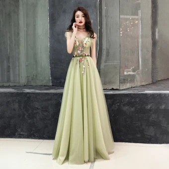 Illusion Vert Cendré Transparentes Robe De Soirée 2019 Princesse V Cou Sans Manches Appliques Fleur Noeud Ceinture Longue Volants Dos Nu Robe De Ceremonie