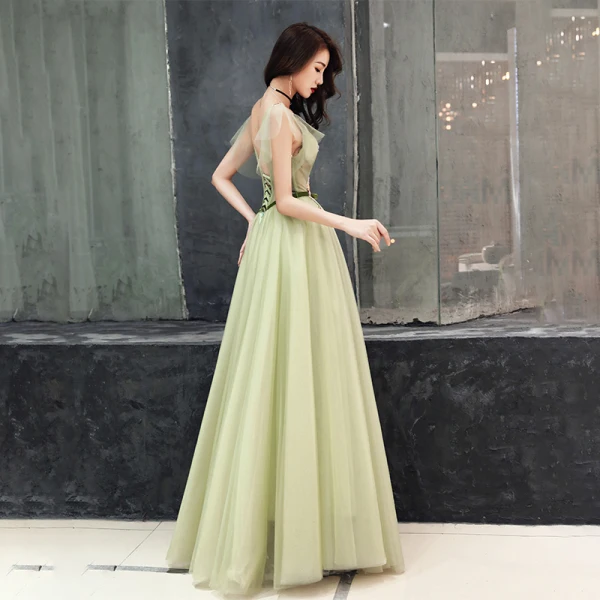 Illusion Sage Green See-through Evening Dresses 2019 A-Line / Princess V-Neck Sleeveless Appliques Flower Bow Sash Floor-Length / Long Ruffle Backless