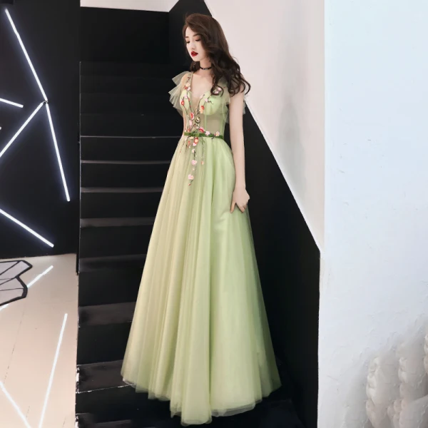Illusion Sage Green See-through Evening Dresses 2019 A-Line / Princess V-Neck Sleeveless Appliques Flower Bow Sash Floor-Length / Long Ruffle Backless Formal Dresses
