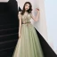 Illusion Sage Green See-through Evening Dresses  2019 A-Line / Princess V-Neck Sleeveless Appliques Flower Bow Sash Floor-Length / Long Ruffle Backless Formal Dresses