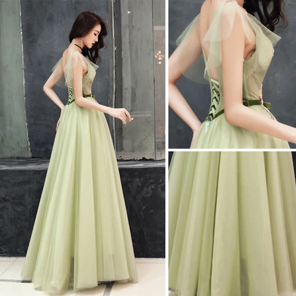 Illusion Sage Green See-through Evening Dresses 2019 A-Line / Princess V-Neck Sleeveless Appliques Flower Bow Sash Floor-Length / Long Ruffle Backless Formal Dresses