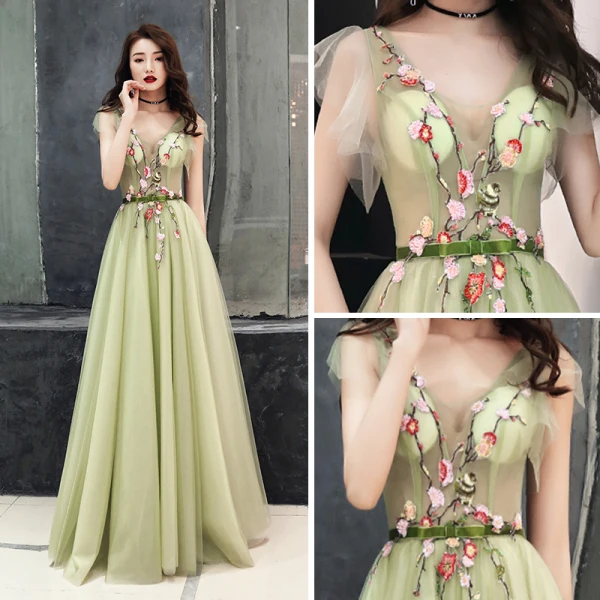 Illusion Sage Green See-through Evening Dresses 2019 A-Line / Princess V-Neck Sleeveless Appliques Flower Bow Sash Floor-Length / Long Ruffle Backless Formal Dresses