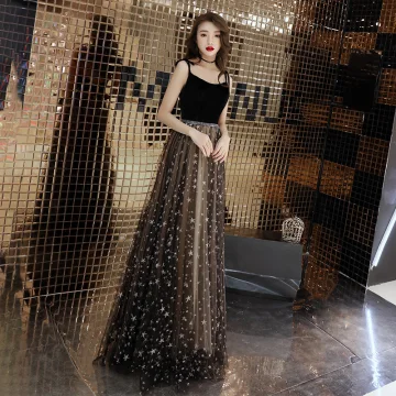 Moderne Mode Noire Robe De Soirée 2019 Princesse Bretelles Spaghetti Sans Manches Perlage Ceinture Appliques Étoile Longue Volants Dos Nu Robe De Ceremonie