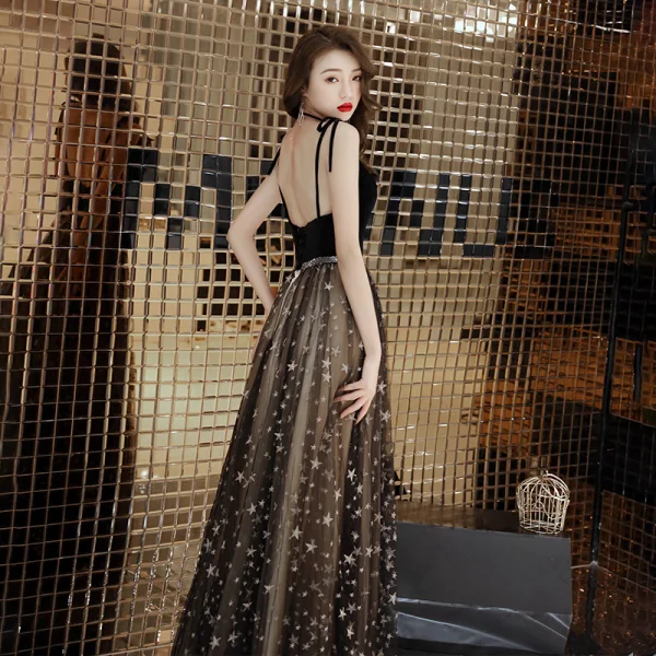 Modern / Fashion Black Evening Dresses  2019 A-Line / Princess Spaghetti Straps Sleeveless Beading Sash Appliques Star Floor-Length / Long Ruffle Backless Formal Dresses