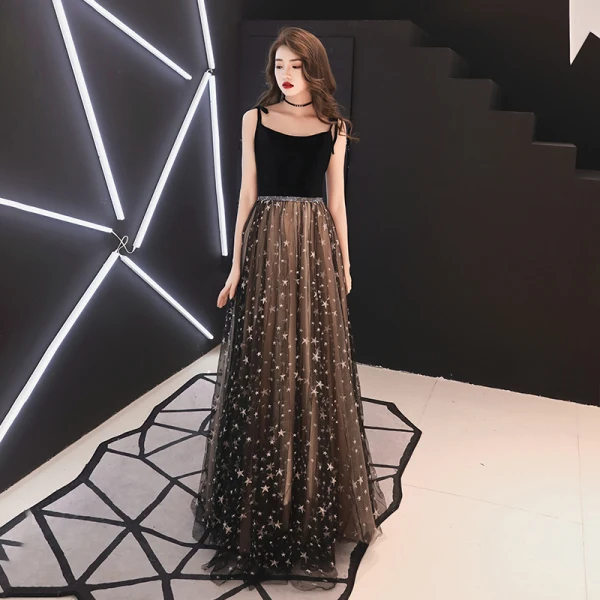 Modern / Fashion Black Evening Dresses  2019 A-Line / Princess Spaghetti Straps Sleeveless Beading Sash Appliques Star Floor-Length / Long Ruffle Backless Formal Dresses