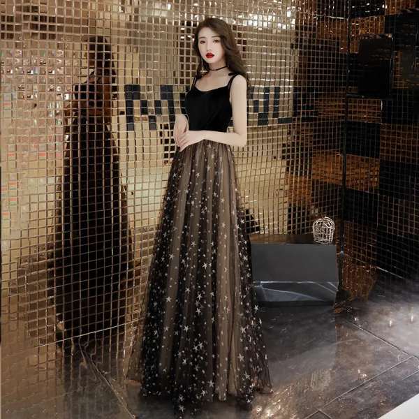 Modern / Fashion Black Evening Dresses  2019 A-Line / Princess Spaghetti Straps Sleeveless Beading Sash Appliques Star Floor-Length / Long Ruffle Backless Formal Dresses