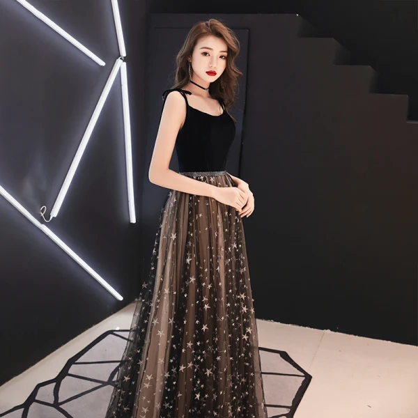 Modern / Fashion Black Evening Dresses  2019 A-Line / Princess Spaghetti Straps Sleeveless Beading Sash Appliques Star Floor-Length / Long Ruffle Backless Formal Dresses