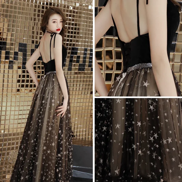 Modern / Fashion Black Evening Dresses  2019 A-Line / Princess Spaghetti Straps Sleeveless Beading Sash Appliques Star Floor-Length / Long Ruffle Backless Formal Dresses