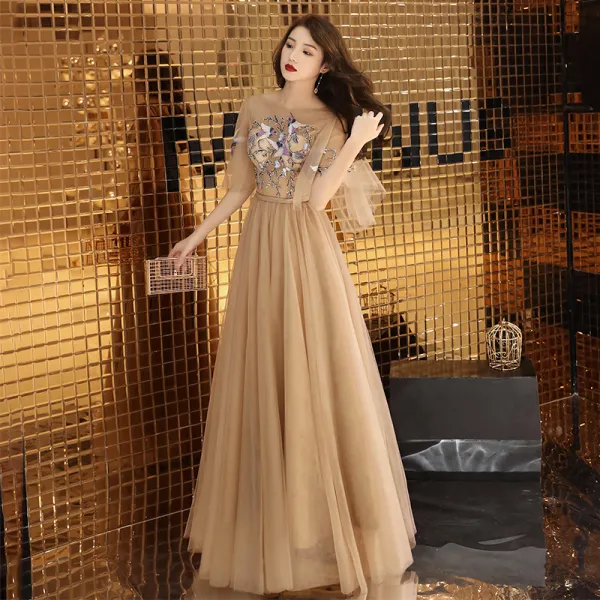 Illusion Gold Evening Dresses  2019 A-Line / Princess Square Neckline 1/2 Sleeves Sash Appliques Lace Floor-Length / Long Ruffle Backless Formal Dresses