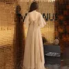 Illusion Gold Evening Dresses  2019 A-Line / Princess Square Neckline 1/2 Sleeves Sash Appliques Lace Floor-Length / Long Ruffle Backless Formal Dresses