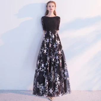 Chic Beautiful Black Evening Dresses 2018 A Line Princess Scoop Neck Short Sleeve Star Sash Floor Length Long Ruffle Backless Formal Dresses