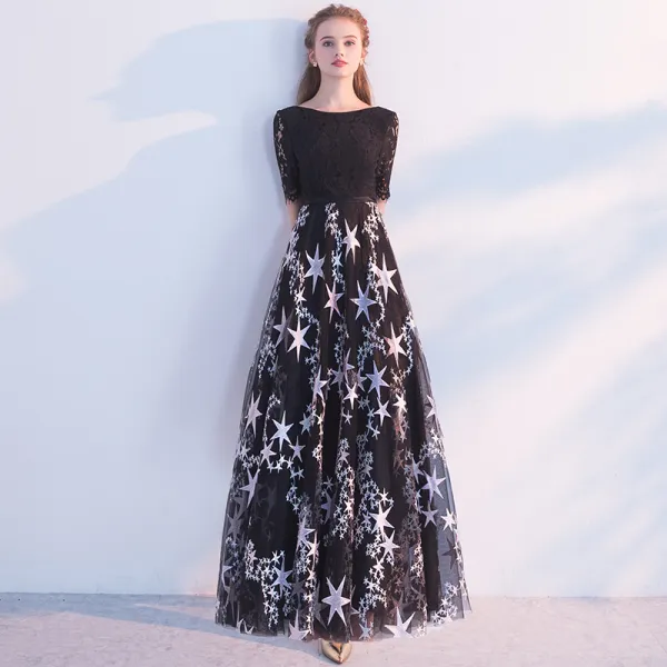 Chic / Beautiful Black Evening Dresses  2018 A-Line / Princess Scoop Neck Short Sleeve Star Sash Floor-Length / Long Ruffle Backless Formal Dresses
