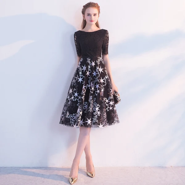 Chic / Belle Noire Robe De Soirée 2018 Princesse Encolure Dégagée Manches Courtes Étoile Ceinture Longue Volants Dos Nu Robe De Ceremonie