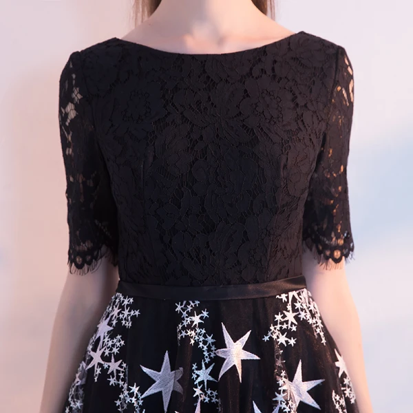 Chic / Belle Noire Robe De Soirée 2018 Princesse Encolure Dégagée Manches Courtes Étoile Ceinture Longue Volants Dos Nu Robe De Ceremonie