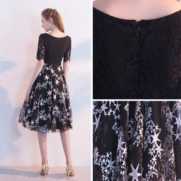 Chic / Belle Noire Robe De Soirée 2018 Princesse Encolure Dégagée Manches Courtes Étoile Ceinture Longue Volants Dos Nu Robe De Ceremonie