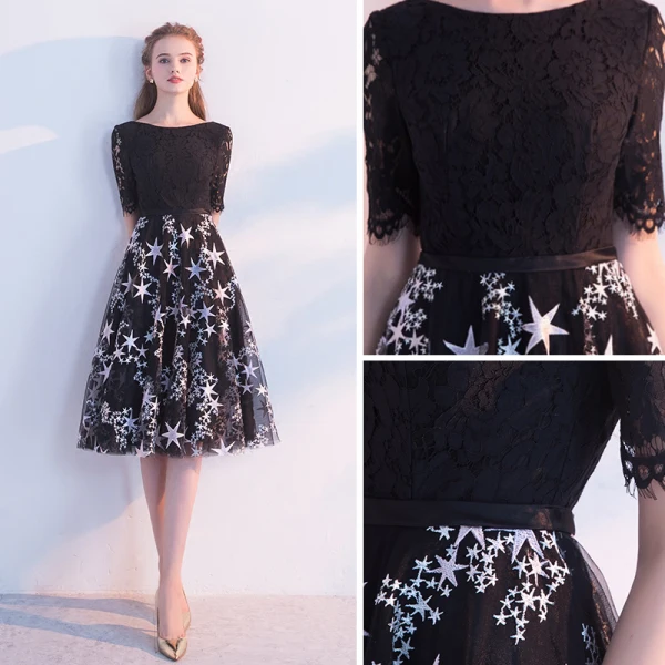 Chic / Belle Noire Robe De Soirée 2018 Princesse Encolure Dégagée Manches Courtes Étoile Ceinture Longue Volants Dos Nu Robe De Ceremonie