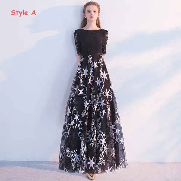 Chic Beautiful Black Evening Dresses 2018 A Line Princess Scoop Neck Short Sleeve Star Sash Floor Length Long Ruffle Backless Formal Dresses