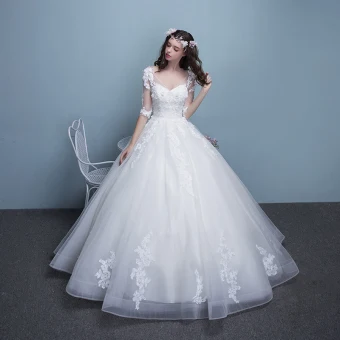 Abordable Église Robe De Mariée 2017 En Dentelle Appliques Faux Diamant Perle Volants En Cascade Dos Nu V Cou 1 2 Manches Longue Blanche Robe Boule