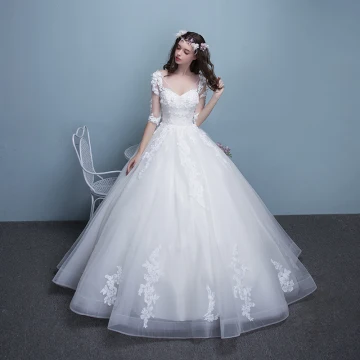 Abordable Église Robe De Mariée 2017 En Dentelle Appliques Faux Diamant Perle Volants En Cascade Dos Nu V Cou 1 2 Manches Longue Blanche Robe Boule