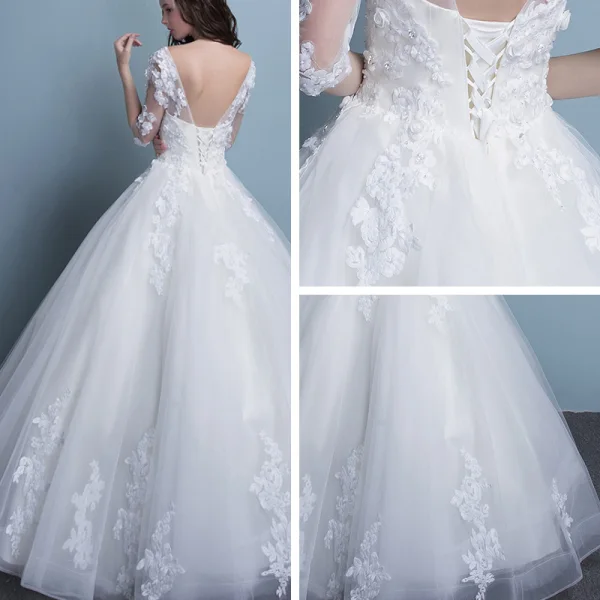 Abordable Église Robe De Mariée 2017 En Dentelle Appliques Faux Diamant Perle Volants en Cascade Dos Nu V-Cou 1/2 Manches Longue Blanche Robe Boule