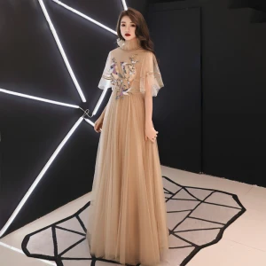 Vintage Retro Gold See Through Evening Dresses 2019 A Line Princess High Neck 1 2 Sleeves Sash Appliques Lace Floor Length Long Ruffle Backless Formal Dresses