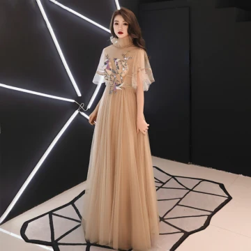 Vintage Retro Gold See Through Evening Dresses 2019 A Line Princess High Neck 1 2 Sleeves Sash Appliques Lace Floor Length Long Ruffle Backless Formal Dresses