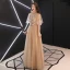 Vintage / Retro Gold See-through Evening Dresses  2019 A-Line / Princess High Neck 1/2 Sleeves Sash Appliques Lace Floor-Length / Long Ruffle Backless Formal Dresses