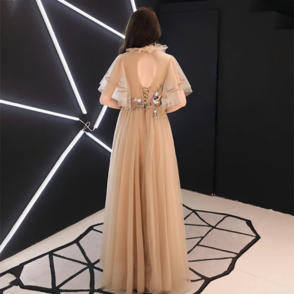Vintage / Retro Gold See-through Evening Dresses 2019 A-Line / Princess High Neck 1/2 Sleeves Sash Appliques Lace Floor-Length / Long Ruffle Backless Formal Dresses