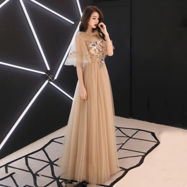 Vintage / Retro Gold See-through Evening Dresses 2019 A-Line / Princess High Neck 1/2 Sleeves Sash Appliques Lace Floor-Length / Long Ruffle Backless Formal Dresses