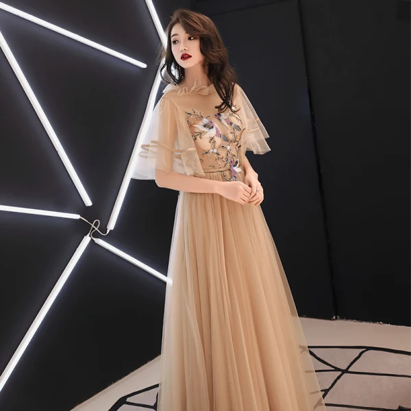 Vintage / Retro Gold See-through Evening Dresses 2019 A-Line / Princess High Neck 1/2 Sleeves Sash Appliques Lace Floor-Length / Long Ruffle Backless Formal Dresses