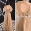 Vintage / Retro Gold See-through Evening Dresses  2019 A-Line / Princess High Neck 1/2 Sleeves Sash Appliques Lace Floor-Length / Long Ruffle Backless Formal Dresses