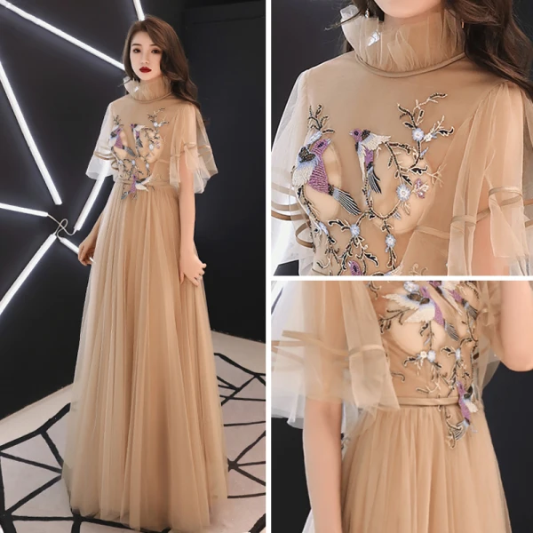 Vintage / Retro Gold See-through Evening Dresses 2019 A-Line / Princess High Neck 1/2 Sleeves Sash Appliques Lace Floor-Length / Long Ruffle Backless Formal Dresses