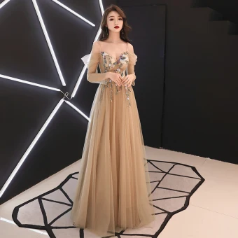 Élégant Doré Transparentes Robe De Soirée 2019 Princesse De L Épaule Bretelles Spaghetti Manches Longues Ceinture Appliques En Dentelle Perlage Longue Volants Dos Nu Robe De Ceremonie