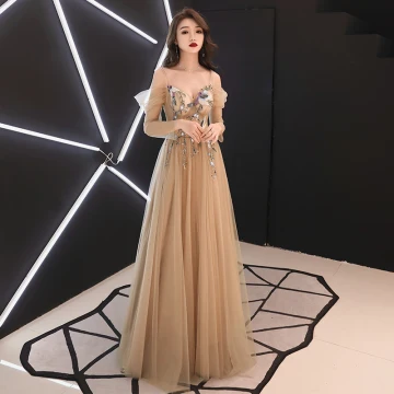 Elegant Gold See Through Evening Dresses 2019 A Line Princess Off The Shoulder Spaghetti Straps Long Sleeve Sash Appliques Lace Beading Floor Length Long Ruffle Backless Formal Dresses