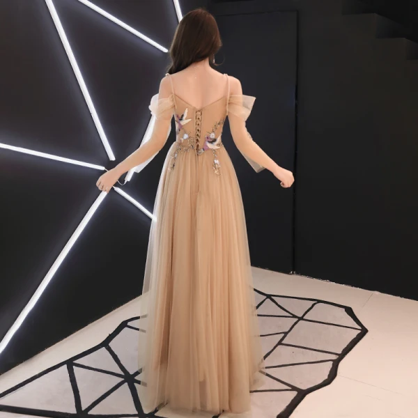 Élégant Doré Transparentes Robe De Soirée 2019 Princesse De l'épaule Bretelles Spaghetti Manches Longues Ceinture Appliques En Dentelle Perlage Longue Volants Dos Nu Robe De Ceremonie
