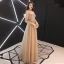 Élégant Doré Transparentes Robe De Soirée 2019 Princesse De l'épaule Bretelles Spaghetti Manches Longues Ceinture Appliques En Dentelle Perlage Longue Volants Dos Nu Robe De Ceremonie