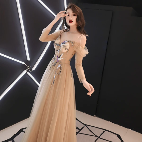 Élégant Doré Transparentes Robe De Soirée 2019 Princesse De l'épaule Bretelles Spaghetti Manches Longues Ceinture Appliques En Dentelle Perlage Longue Volants Dos Nu Robe De Ceremonie