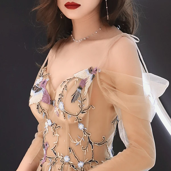 Élégant Doré Transparentes Robe De Soirée 2019 Princesse De l'épaule Bretelles Spaghetti Manches Longues Ceinture Appliques En Dentelle Perlage Longue Volants Dos Nu Robe De Ceremonie