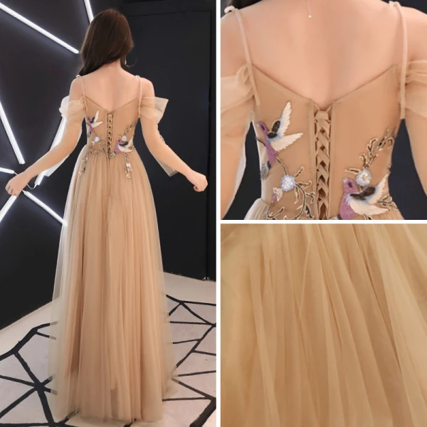 Élégant Doré Transparentes Robe De Soirée 2019 Princesse De l'épaule Bretelles Spaghetti Manches Longues Ceinture Appliques En Dentelle Perlage Longue Volants Dos Nu Robe De Ceremonie