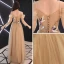 Élégant Doré Transparentes Robe De Soirée 2019 Princesse De l'épaule Bretelles Spaghetti Manches Longues Ceinture Appliques En Dentelle Perlage Longue Volants Dos Nu Robe De Ceremonie