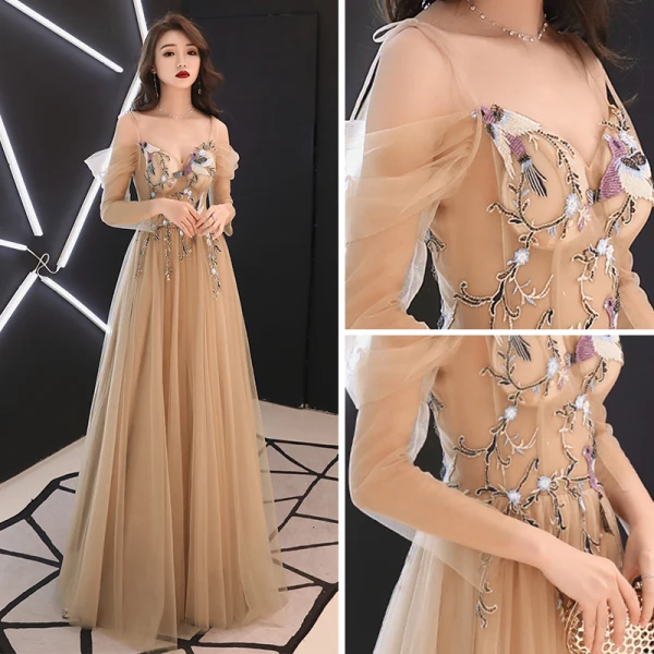 Élégant Doré Transparentes Robe De Soirée 2019 Princesse De l'épaule Bretelles Spaghetti Manches Longues Ceinture Appliques En Dentelle Perlage Longue Volants Dos Nu Robe De Ceremonie