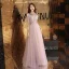 Classy Blushing Pink Evening Dresses  2019 A-Line / Princess Square Neckline Short Sleeve Appliques Lace Pearl Rhinestone Floor-Length / Long Ruffle Backless Formal Dresses
