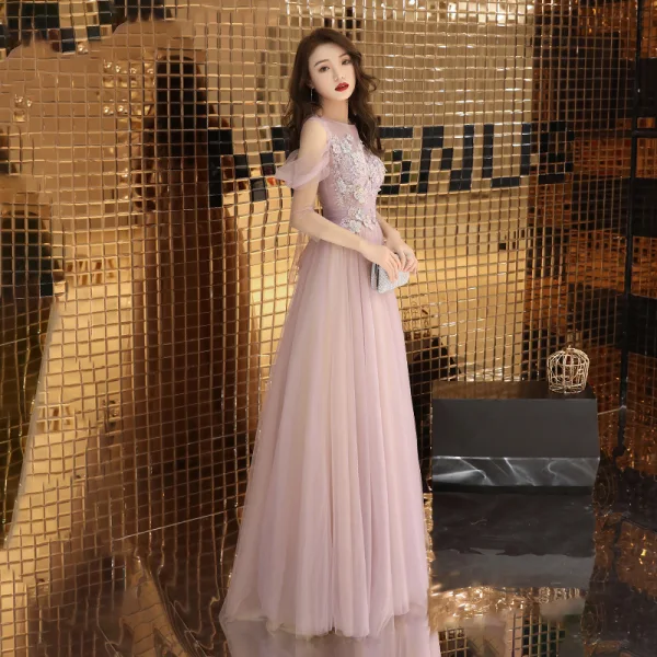 Classy Blushing Pink Evening Dresses 2019 A-Line / Princess Square Neckline Short Sleeve Appliques Lace Pearl Rhinestone Floor-Length / Long Ruffle Backless Formal Dresses