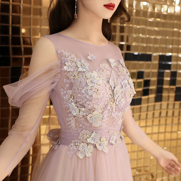 Classy Blushing Pink Evening Dresses 2019 A-Line / Princess Square Neckline Short Sleeve Appliques Lace Pearl Rhinestone Floor-Length / Long Ruffle Backless Formal Dresses