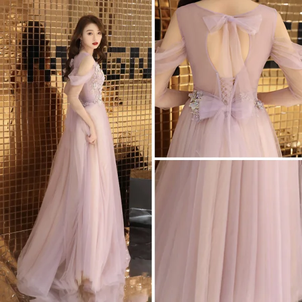 Classy Blushing Pink Evening Dresses 2019 A-Line / Princess Square Neckline Short Sleeve Appliques Lace Pearl Rhinestone Floor-Length / Long Ruffle Backless Formal Dresses