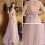 Classy Blushing Pink Evening Dresses  2019 A-Line / Princess Square Neckline Short Sleeve Appliques Lace Pearl Rhinestone Floor-Length / Long Ruffle Backless Formal Dresses